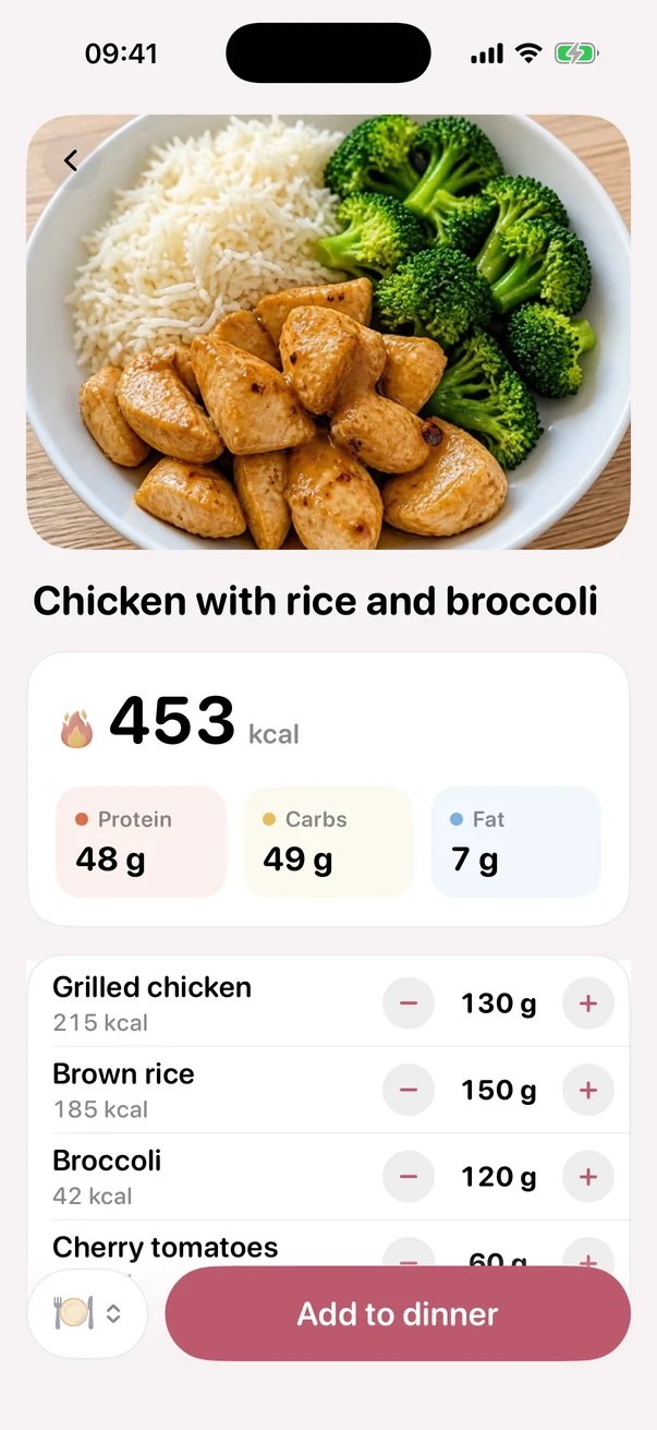 A snapped plate with its calories, protein, carbs and fat