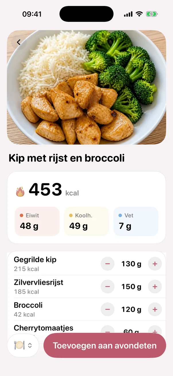 Een gefotografeerd bord met calorieën, eiwitten, koolhydraten en vet